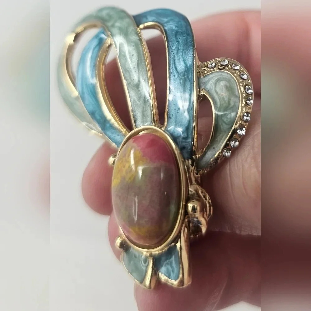 Vintage Enamel Gold-Tone Colorful Gemstone Brooch With Rhinestones - Picture 4 of 7